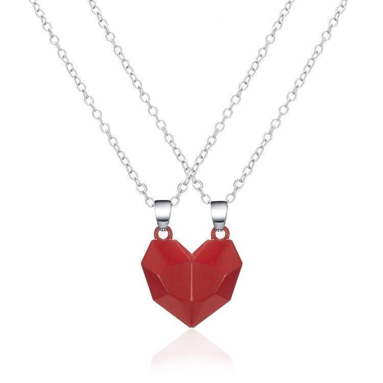 2Pcs Magnetic Couple Necklace Lovers Heart Pendant Distance Faceted Charm Necklace Women Men Valentine's Day Jewelry: RedRed