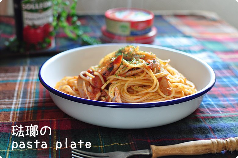 D 22 cm deep plate Enamel deep dish baking dish pasta dish round deep white with blue red side 8.5 inches