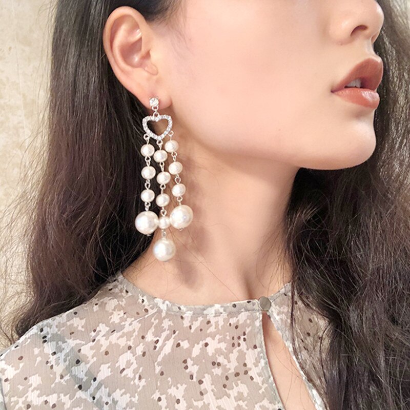 Full of pearls Heart Pendants Earrings Women Rhinestone Long Jewellery Charm Korean Earrings Girl