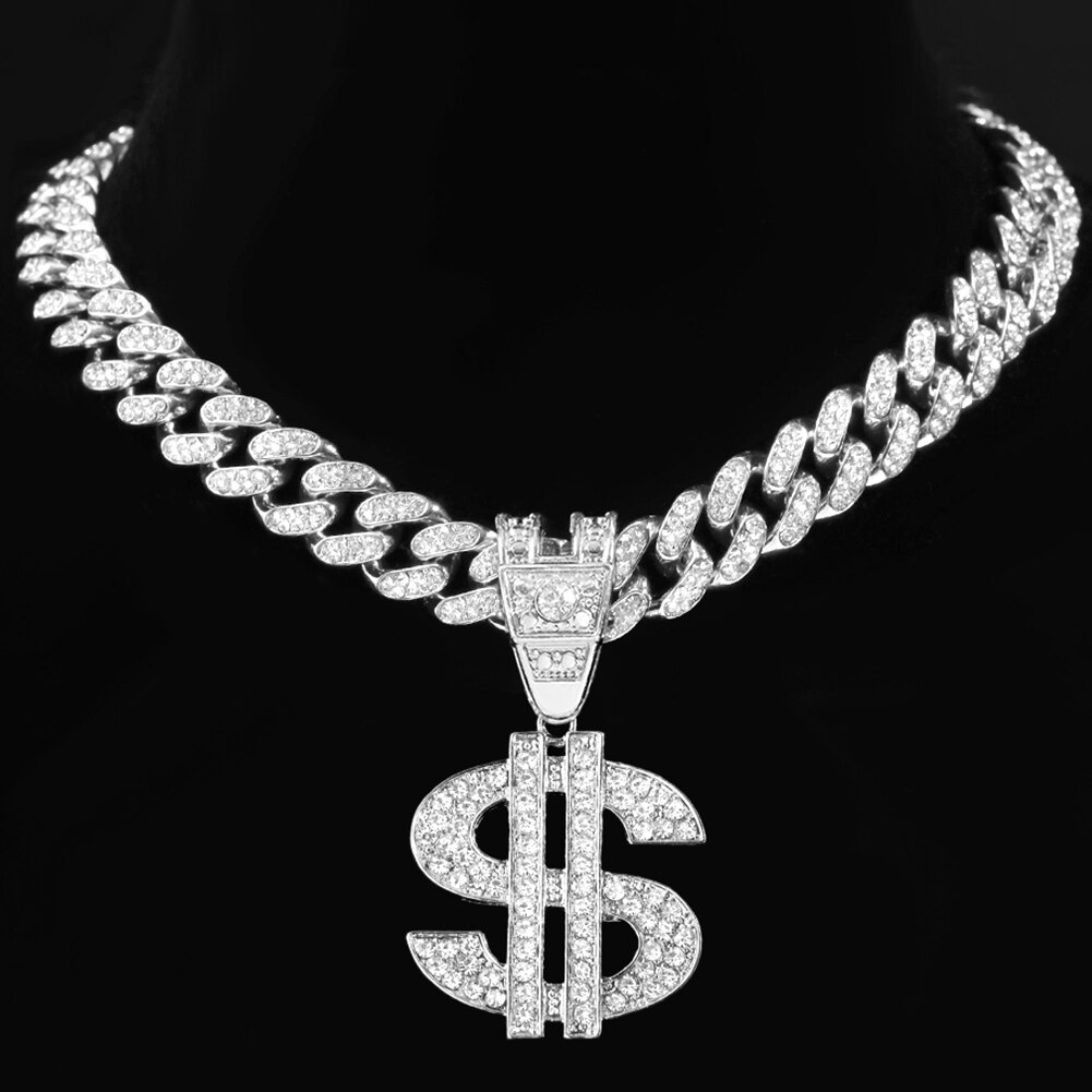 Men Women Hip Hop Big Dollar Pendant Necklace 13mm Miami Cuban Link Choker Chain Necklaces Bling Bling Charm Statement Jewellery: A092113SL / 18inch (46cm)