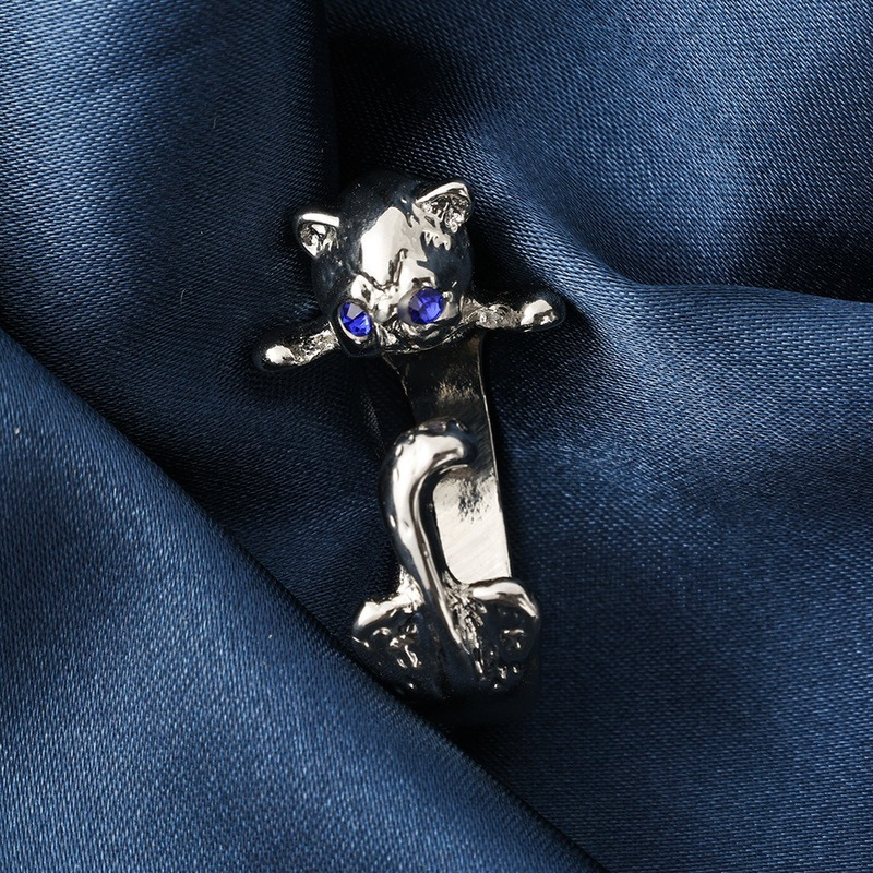 Anillo de gato lindo Ojo Azul Gato Anillo de dedo de piedras preciosas chapadas en plata de joyería Anillos de únicos Anillos de apertura punk ajustables