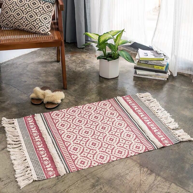 Handgemaakte Tassled Mat Katoen En Linnen Deur Mat Tapijt Woonkamer Mat Nachtkastje Mat Vloermat Boho Tapijt: Rood