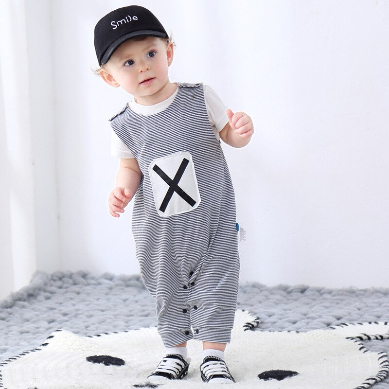 Mode Baby Jongens Zomer Jumpsuit Peuter Kleding Pasgeboren Jongens Knoppen Gestreepte Romper Kids Mouwloze Romper Baby Kleding