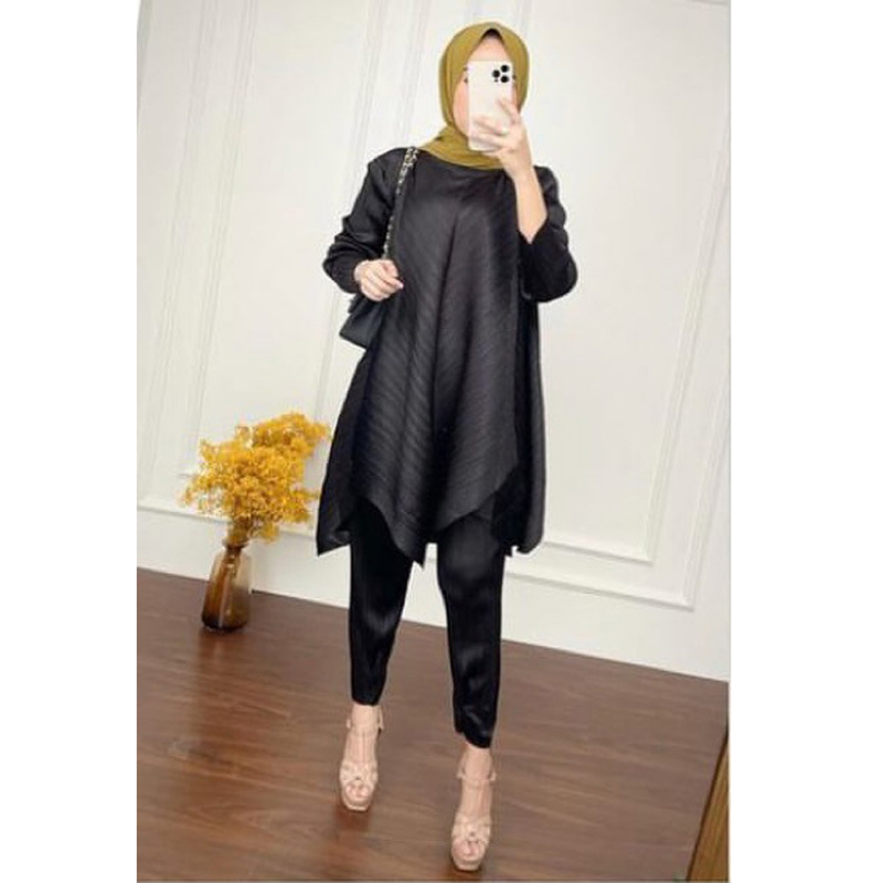Women Muslim Sets Islamic Clothing Plain Suits Morocco Turkish Full Sleeve Loose Tops Pants Oversized Kaftan Solid 2 Pieces Suit: 04 Black