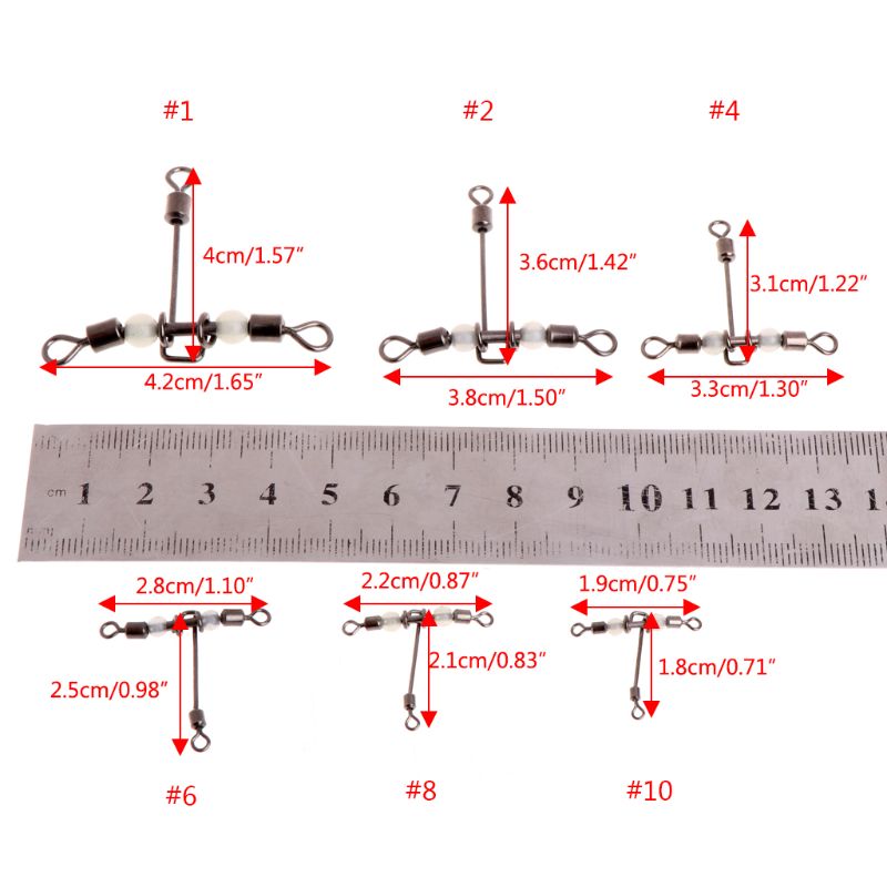 5pcs 3 Way Luminous T-shape Rolling Swivel With Beads Fishing Swivels Connector