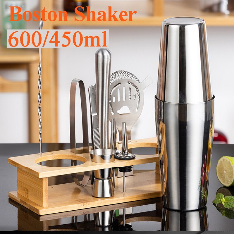 Juego de coctelera de acero inoxidable, mezclador de camarero, Zapatero, coctelera Boston, bar, herramientas, Jigger, mezclador, cuchara vertedora: 10pcs Boston Sets S