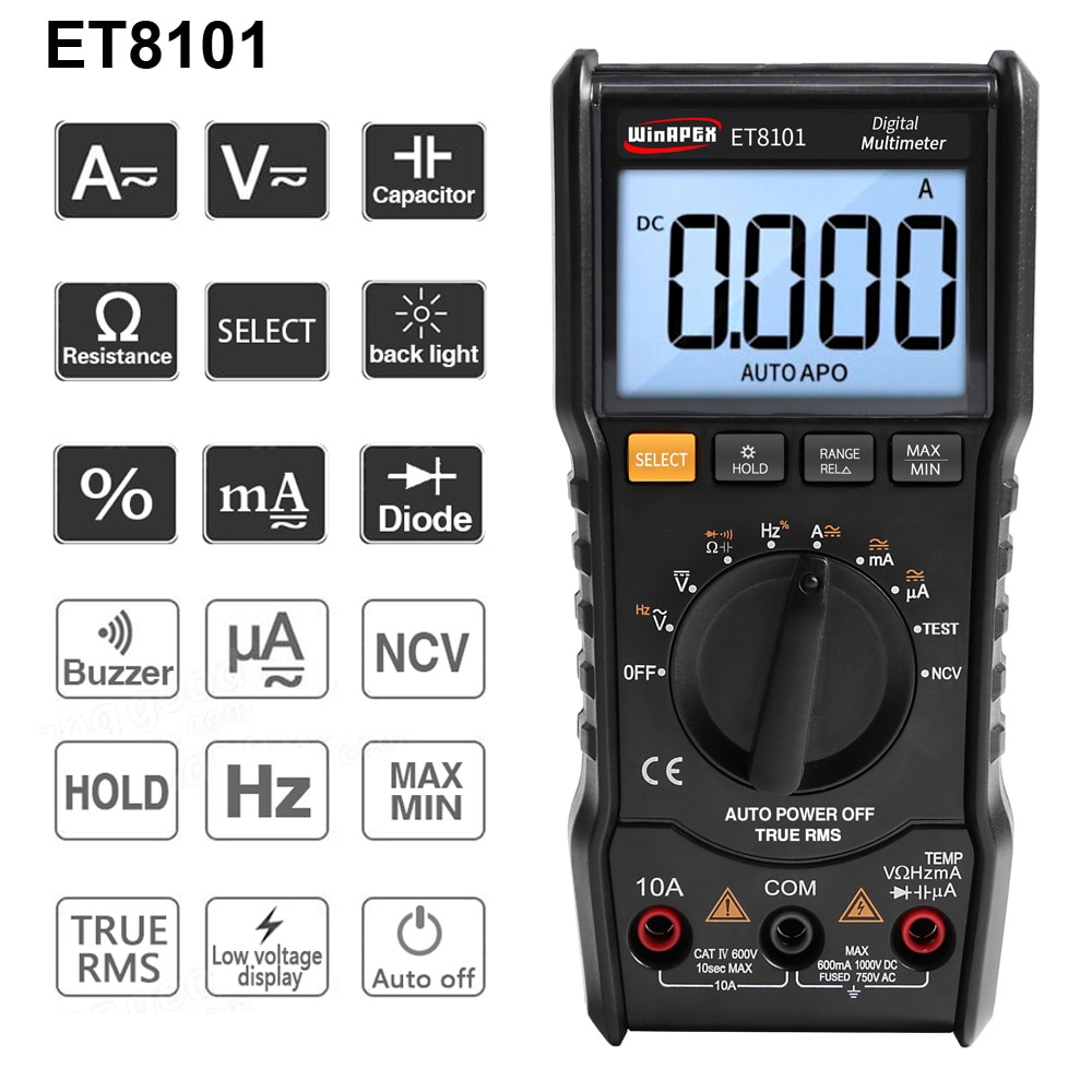 WinAPEX ET8101 Digital Multimeter 6000 Counts NCV Auto Range AC/DC Voltage Meter Temperature Tester Back light