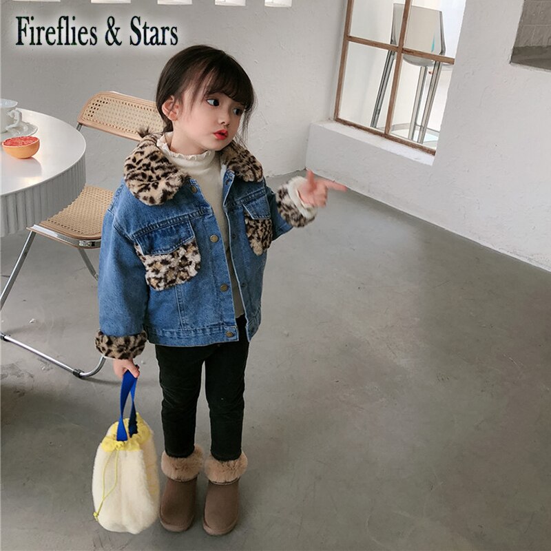 Winter Herbst Mädchen Denim Mantel Baby Jacke freundlicher Outwear freundlicher Streetwear Kleidung Leopard Faux Leder Samt 1 Zu 9 Y