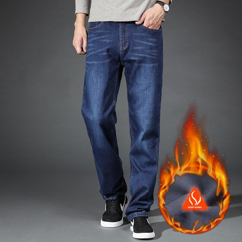 Herre vinter fleece jeans flannel foret stretch denim jeans loose fit boot cut bukser 36 38 40 42 44 sort blå