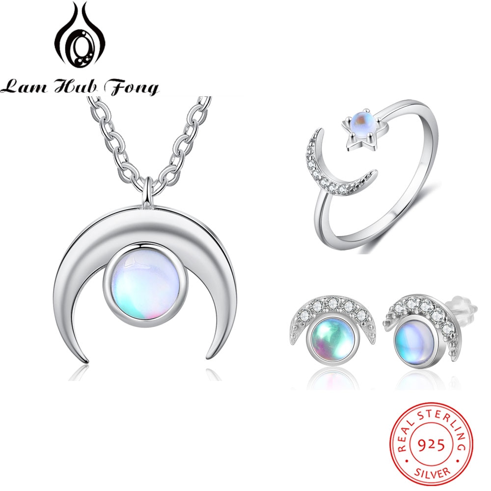 Moonstone bijoux ensembles 925 en argent Sterling pendentif collier anneau boucles d'oreilles avec Zircon mariage fête bijoux ensembles (Lam Hub Fong)