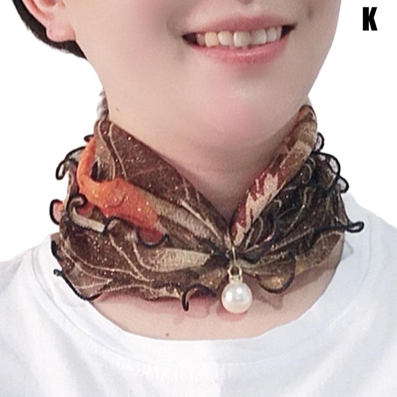 Ruffled Shiny Gold Silk Scarf Pearl Pendant Neck Lady&#39;s Head Jewelry Scarves Hair Accessory Necklace Girl Kerchief A3Z9: brown
