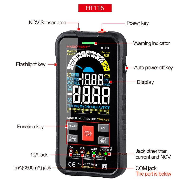Digital Multimeter Voltmeter Smart Electrical Tester Measures Voltage Current Resistance Continuity Duty-Cycle Capacitan