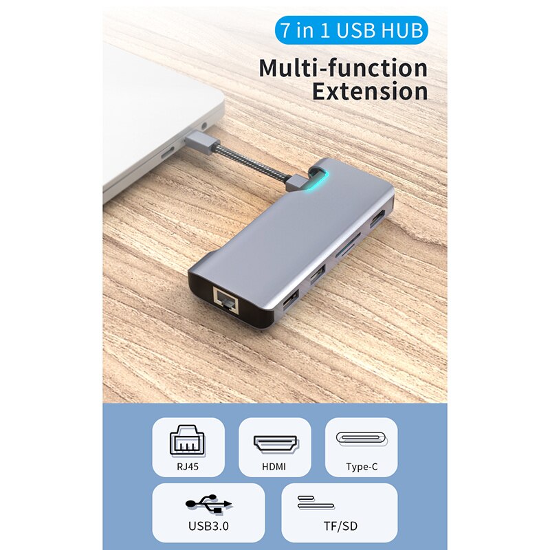 Type-c vers HDMI Hub PD RJ45 USB3.0 TF Portable pour le bureau à domicile souris d'ordinateur Portable h-best