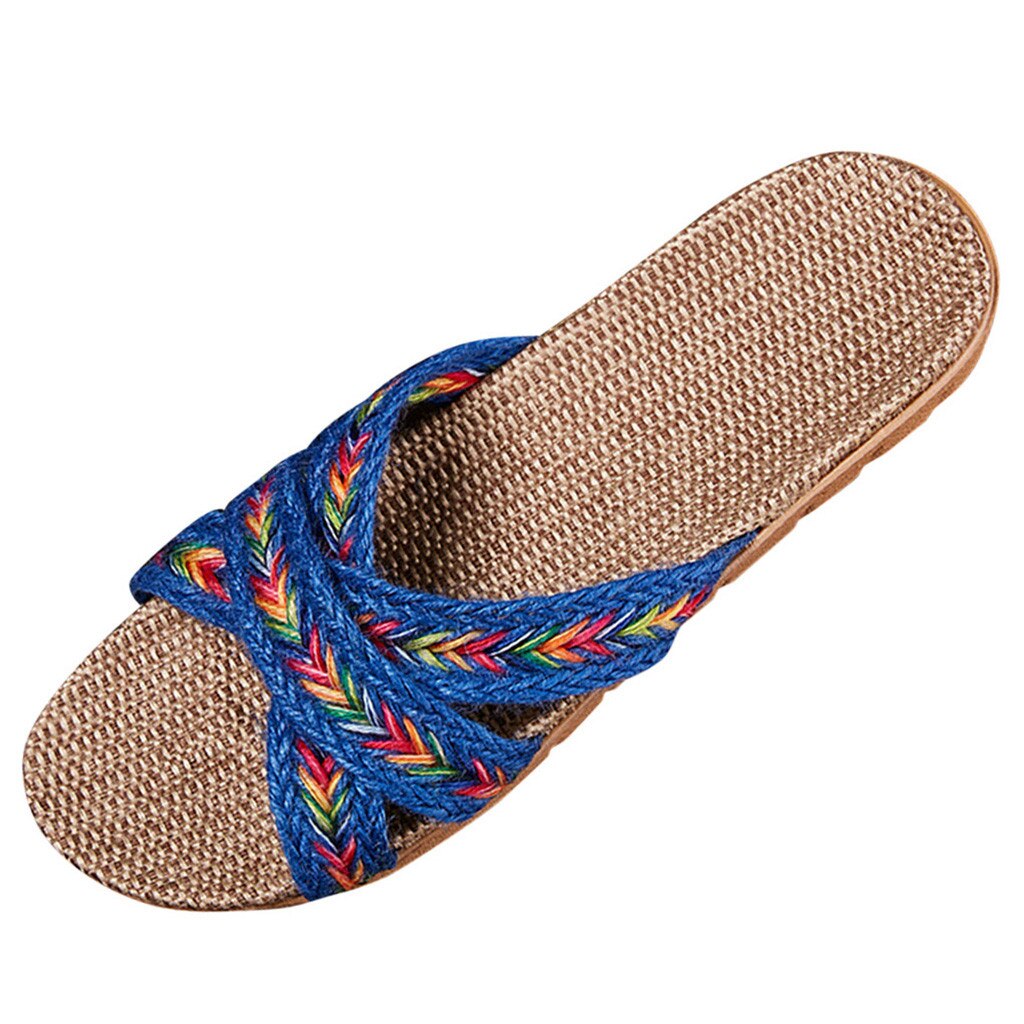 Summer Womens Open Toe Beach Slippers Shoe Slippers Men Home Summer Cross Strap Ladies Casual Shoes Linen Slippers: Blue / 37
