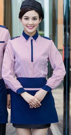 Work Wear Long Sleeved Autumn Winter Waiter Uniforms for Women and Men 2 Pcs Top / Apron: pink Women / L
