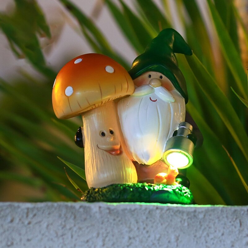 Garden Gnome Statue Outdoor Gnome Holding Mushroom Figurine Built-in Solar Light