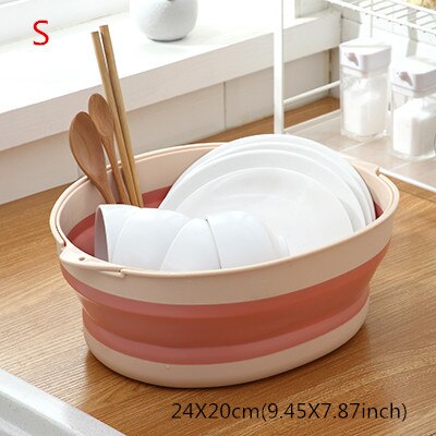 Portable Plastic Basins Outdoor Folding Bucket Fruit Washbasin Fishing Camping Car Wash Container Bathroom Accessories: C Pink S