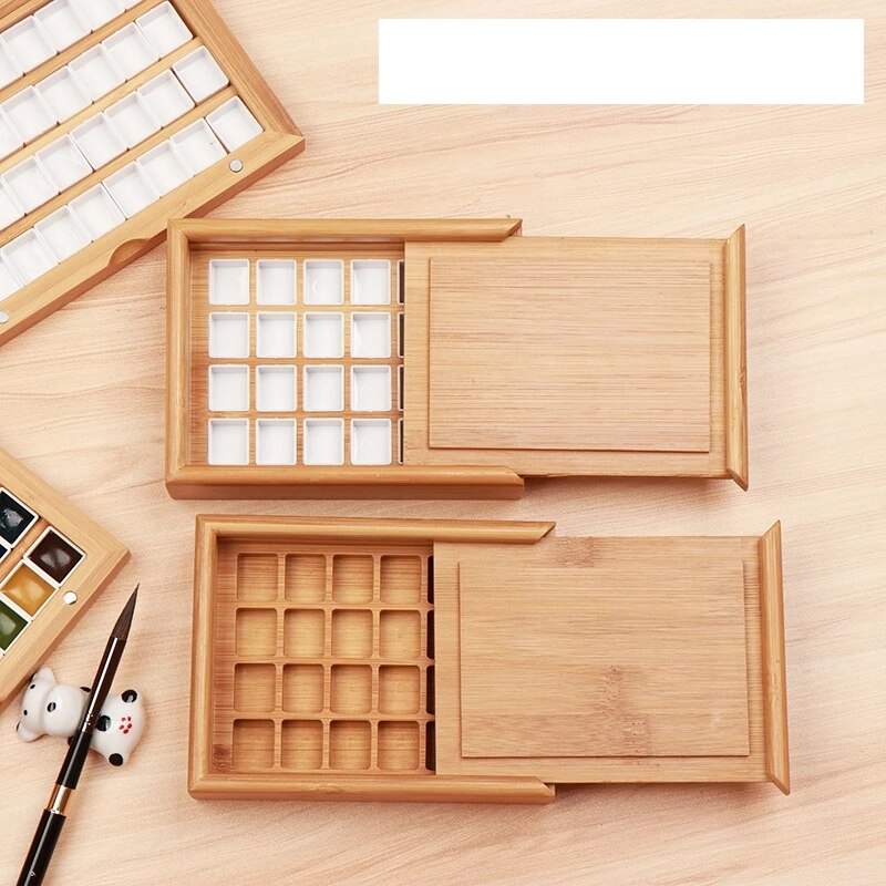 24/36 Grids Box Aquarel Verf Bamboe Houten Palet Draagbare Lege Opslag Paleta Art Supplies