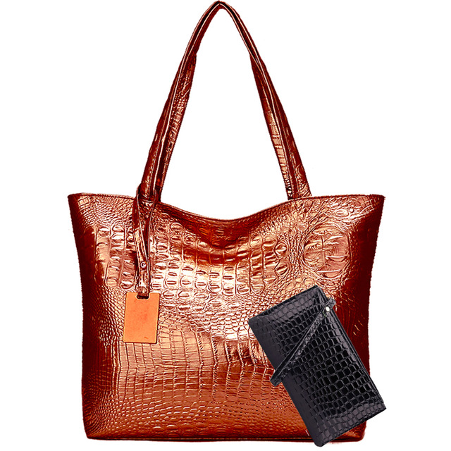 Women's bag soft PU leather crocodile pattern ladies handbag luxury ladies large capacity shoulder bag main: brown