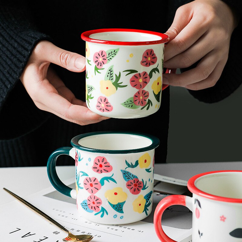 Nordic Ceramic Retro Coffee Mug Simple Small Flower Office Teacups Imitation Enamel Milk Juice Cup Household Drinkware