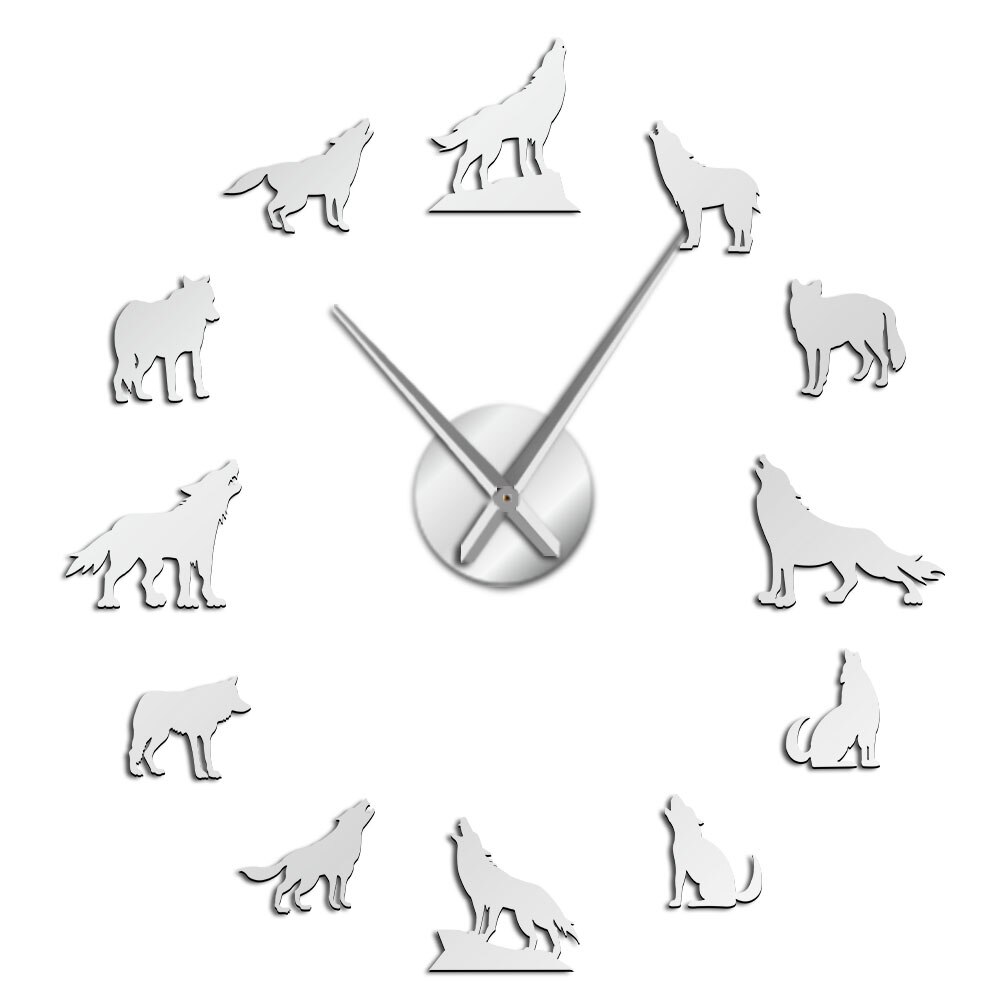 Howling Wolf 3D DIY Large Wall Clock Different Wolf Pose Frameless Wall Watch Clock Modern Home Decor Wolf Admirers: Silver / 37 Inch