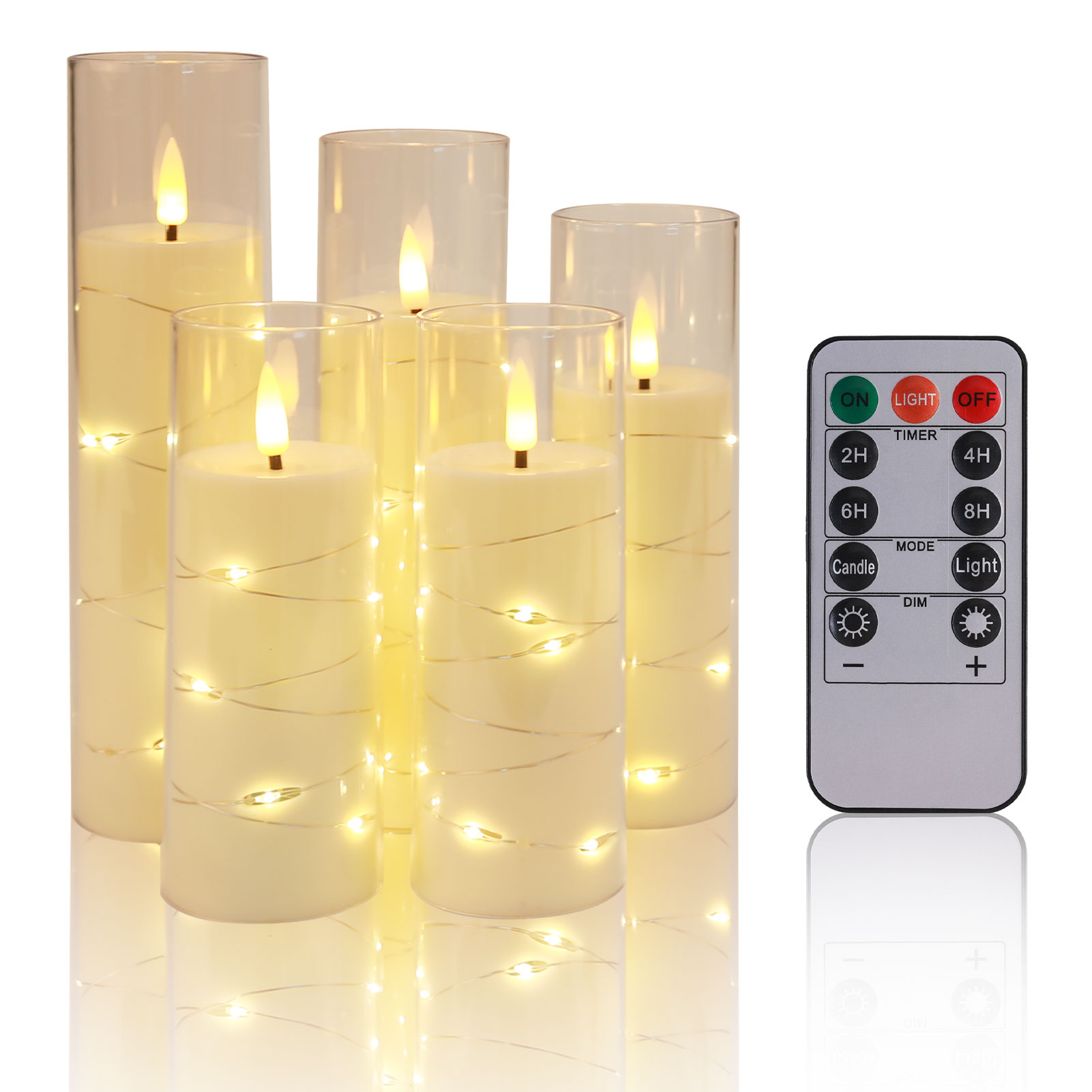 Ensemble de 5 bougies LED sans flamme avec guirlande lumineuse étoile intégrée, bougies pilier à piles avec minuterie à distance pour la décoration de la maison: Rouge