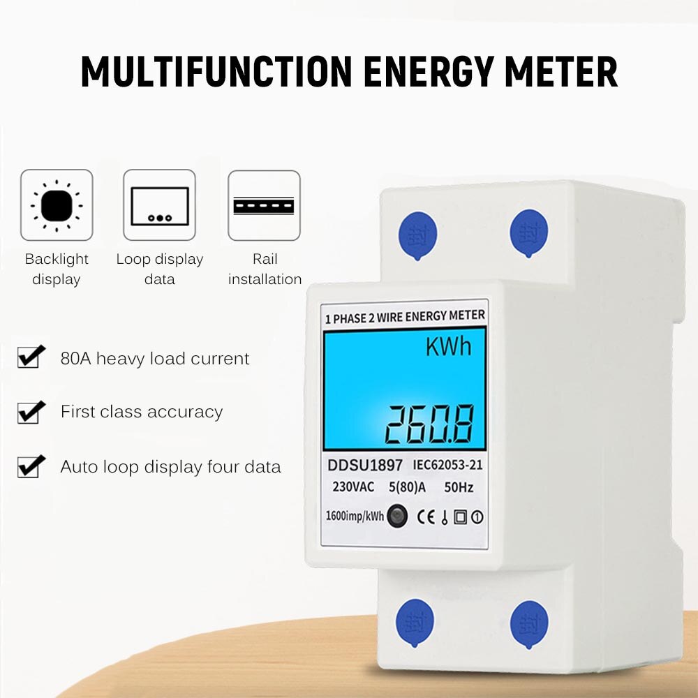 Digital Electric Energy Meter Single Phase DIN Rail Electricity Meter One Phase Two Wire Multifunction Electrical Meter