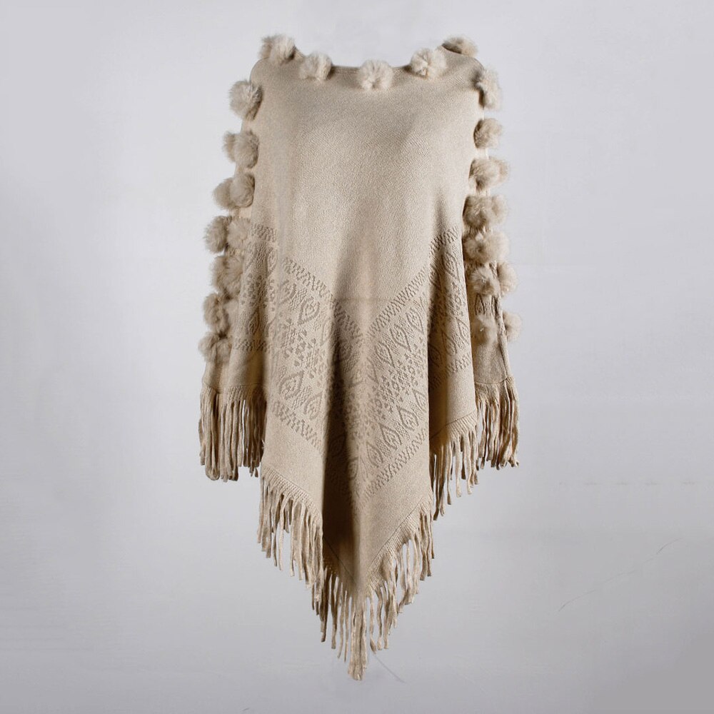 Rund hals cape poncho tröjor dam vinter stickad tofs solid hårboll capes sjal kappa ponchos elegantes höstkappa sjal: Kaki