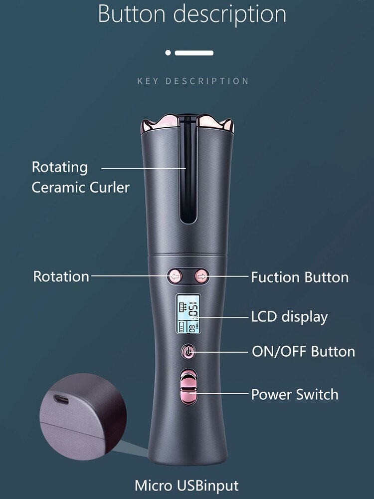 Electric Hair Curlers Cordless Automatic Hair Curler Iron Wireless Curling Iron USB Rechargeable Air Display Temperature Ceramic