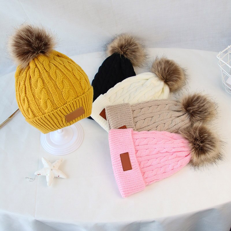 Cappello invernale da bambino berretto caldo lavorato a maglia spesso cappelli pompon carini per ragazzi ragazze cappellino tinta unita per bambini