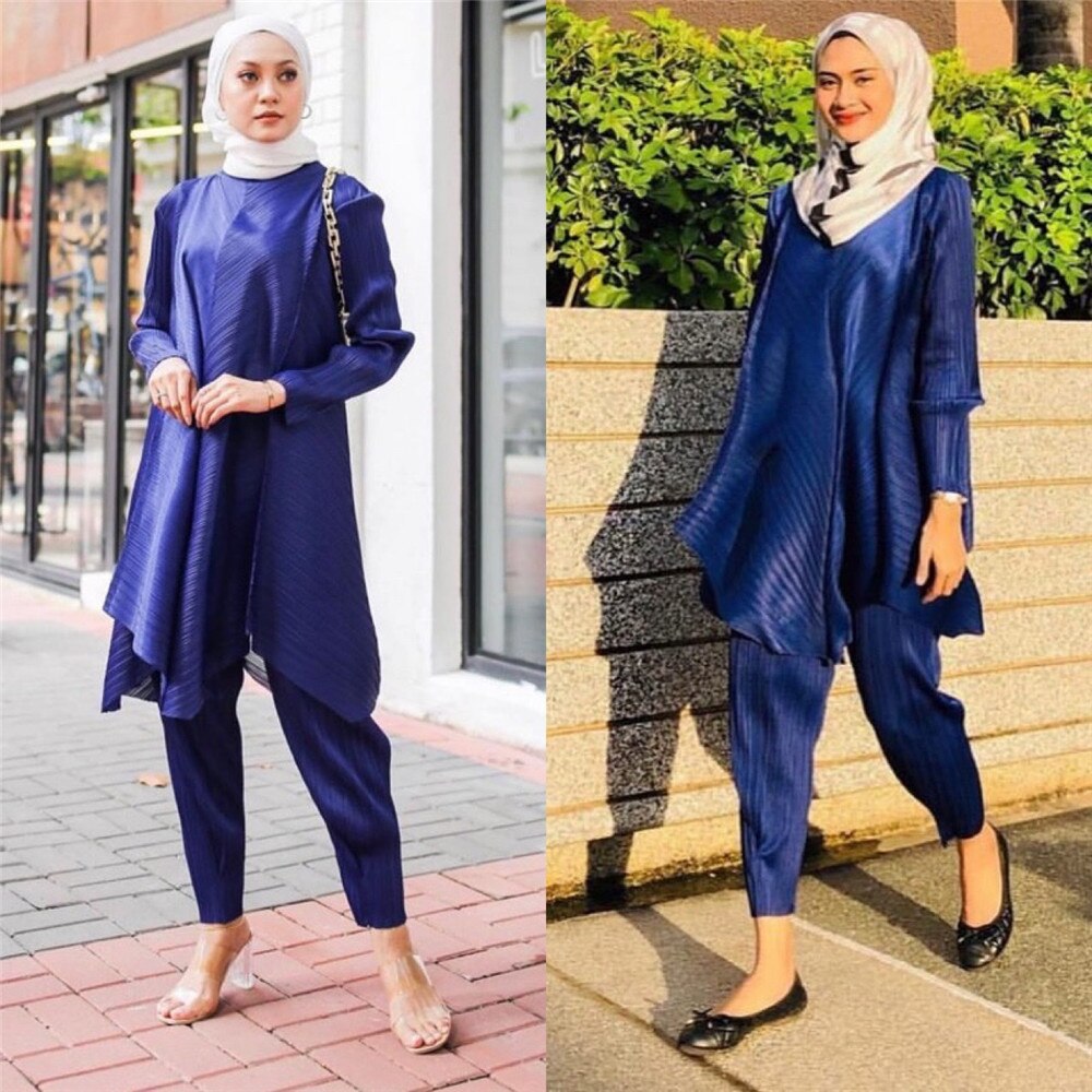 Women Muslim Sets Islamic Clothing Plain Suits Morocco Turkish Full Sleeve Loose Tops Pants Oversized Kaftan Solid 2 Pieces Suit: 08 Navy