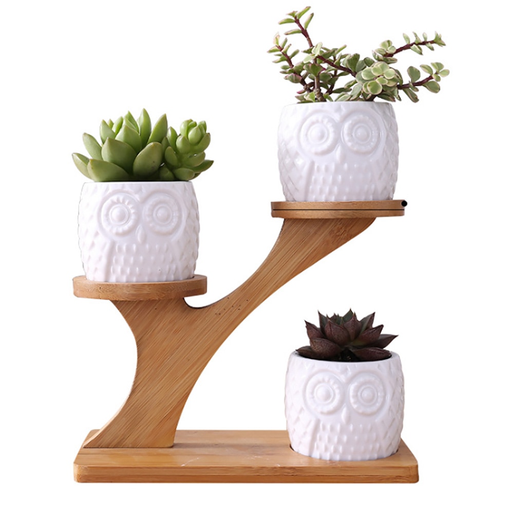 3pcs 3 Tier Office Owl Shape Wear Resistant Tidy With Bamboo Holder Indoor Desk Saucers Stand Pot Set Modern Ceramic Garden Home