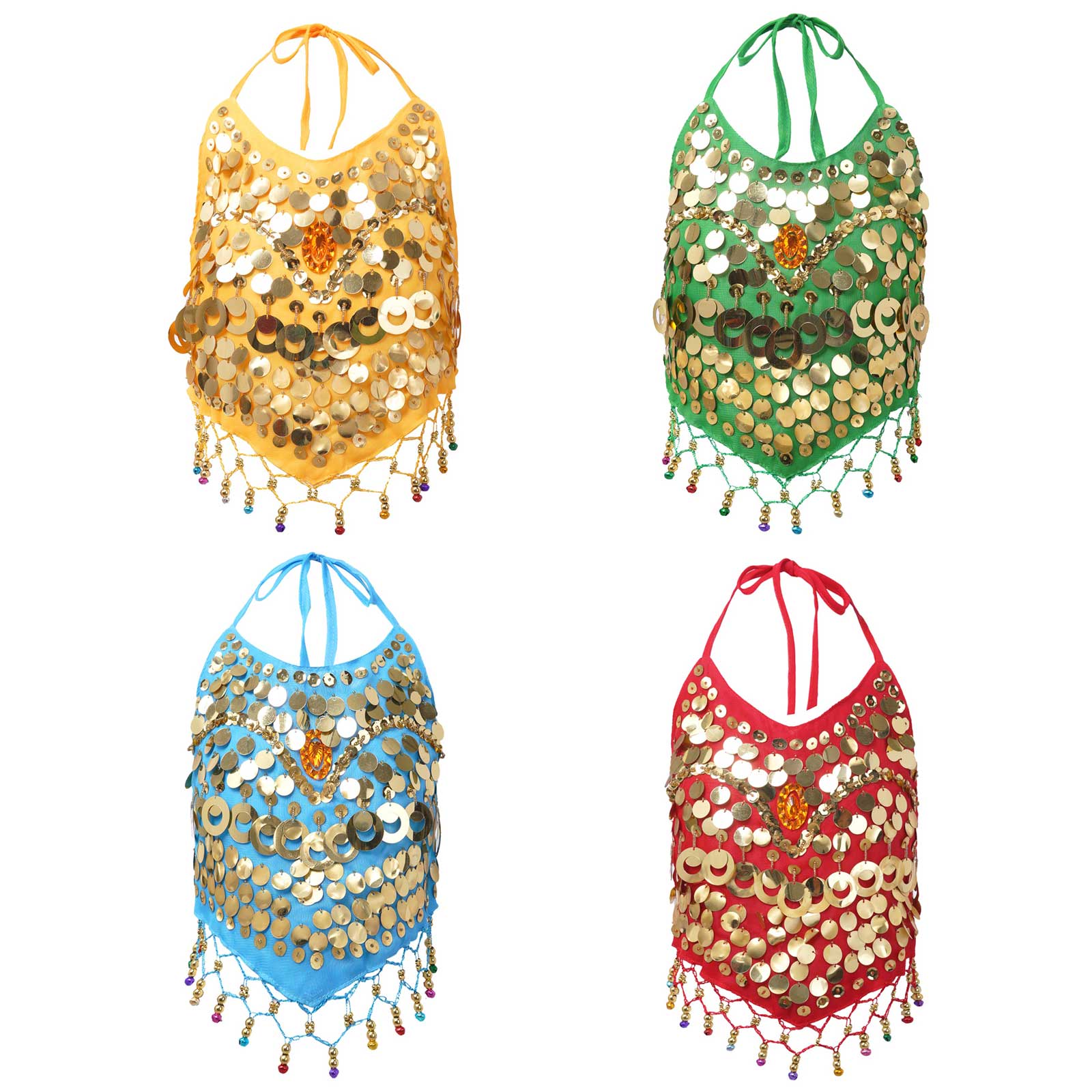 Abbigliamento per danza del ventre per bambini Kid Girls senza maniche allacciato Halter Backless paillettes campane nappa Decor Crop Top per danza del ventre