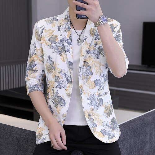 Spring Summer Men Blazers Flower Half Sleeve Casual Suit Jacket Wedding Business Street Wear Social Jacket Slim Fit Dress Coat: White / L