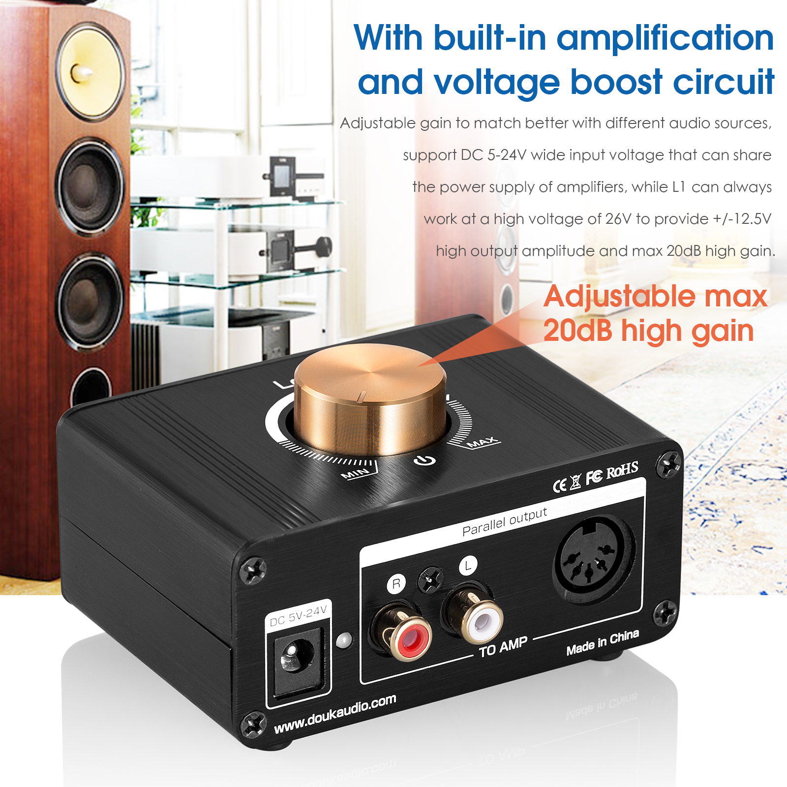 Douk Audio Mini High-gain Stereo Line Level Booster Amplifier Audio Signal Amp HiFi Home Desktop Preamp for MP3/iPod/iPad/iPhone