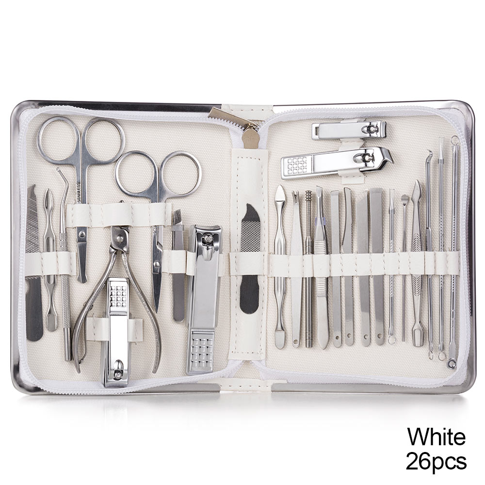 Nail Clippers Set Stainless Full Function Pedicure Tools Kit With Nail Scissors File Acne Needle Tweezers Earpick Manicure Tool: 26 pcs white