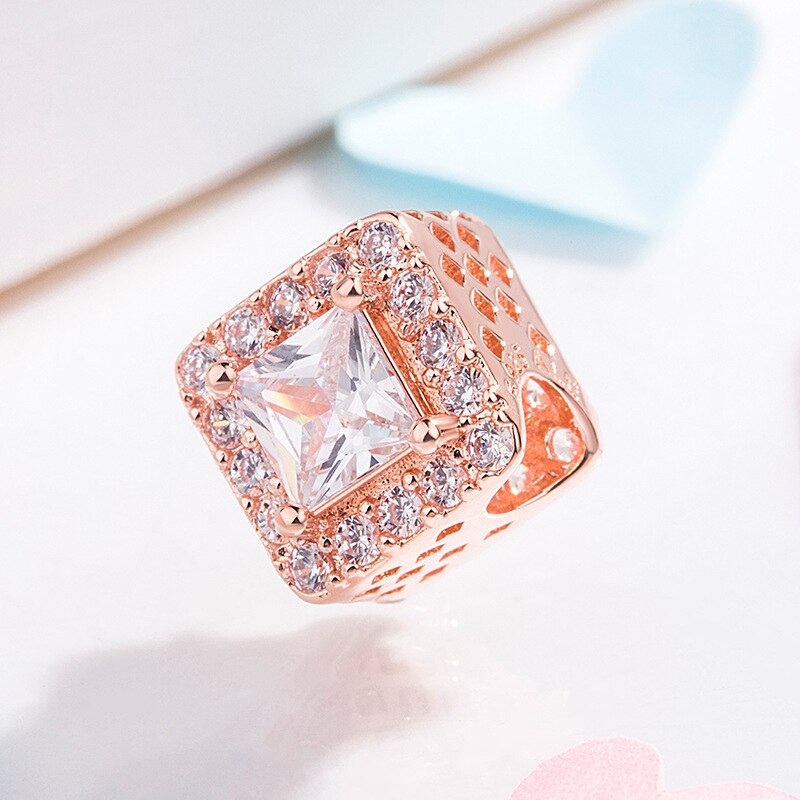 Echt 925 Sterling Zilveren Kralen Rose Goud Vierkante Kristal Kralen Fit Charm Armbanden &amp; Ketting Vrouwen Diy Sieraden
