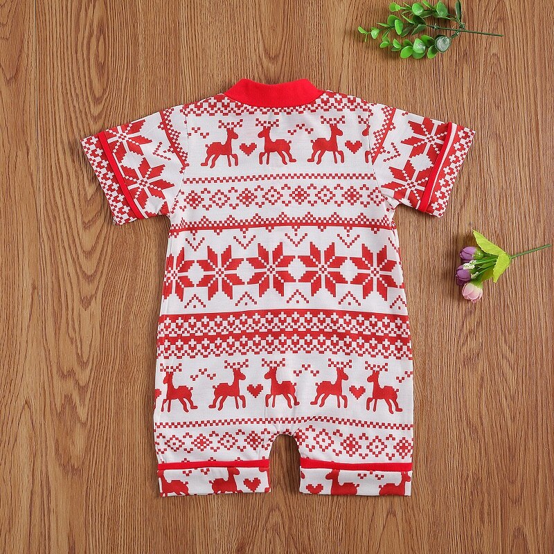 0-24M Newborn Baby Boy Girl Christmas Romper Short Sleeve Single Breasted Print Cotton One Pieces Jumpsuit Xmas Clothes