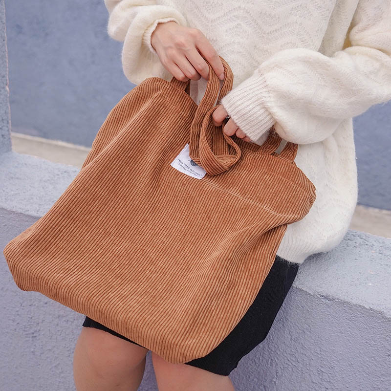 Women Corduroy Canvas Tote Handbag Female Cloth Shoulder Bags Young Ladies Casual Shopping Bag Girls Reusable Folding Bags: Brown