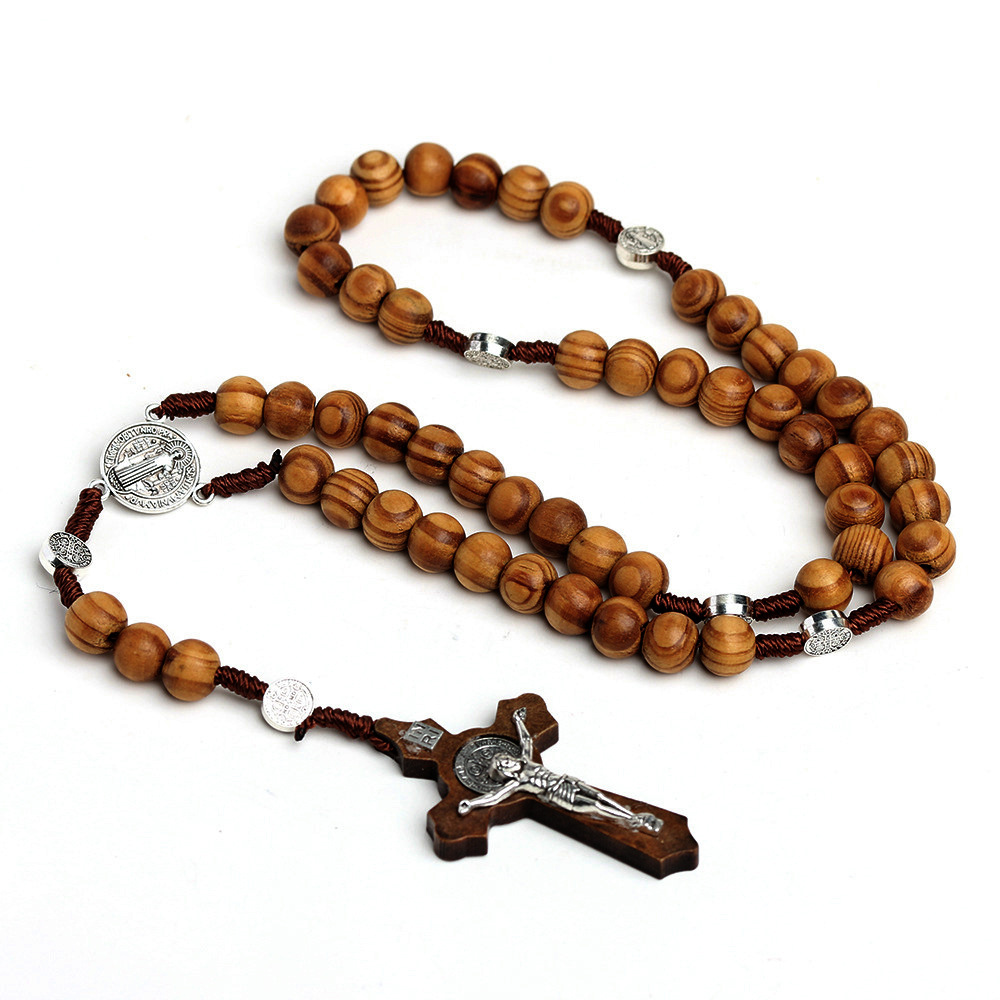 10MM Holz Perlen Rosenkranz Kreuz Halskette Für Frauen Männer Christian Jungfrau Maria INRI Anhänger Kette Religion Schmuck: Hellgelb Gold Farbe