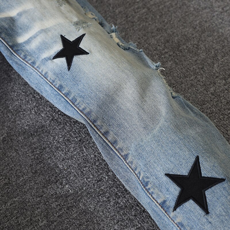 Mannen Mannelijke Mode Gaten Broek Heren Blauw Populaire Vijfpuntige Ster Borduurwerk Trend Wilde Eenvoudige Jeans mannen Denim Broek