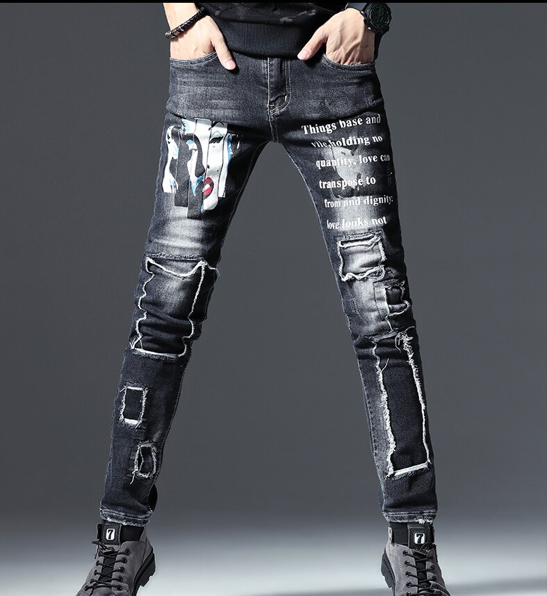 Print huller skønhed mænd slank lige sort stretch bomuld denim rippet patch malet tiggere jeans vintage bukser: 32