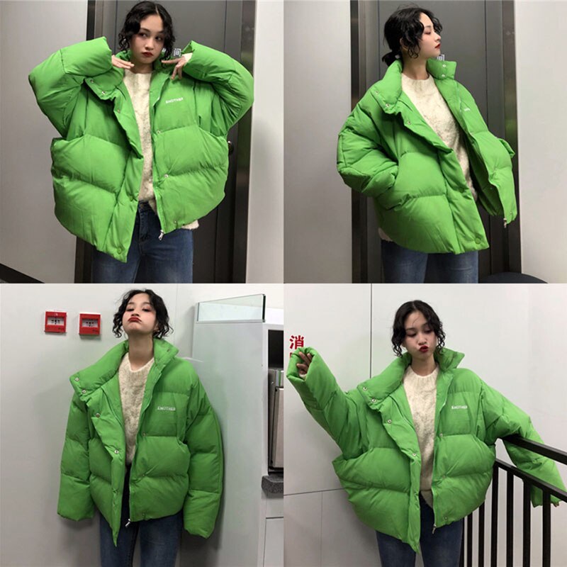Fluorescent green Bright Winter Jacket Women Parka Warm Thick Solid Short Cotton Padded Parkas Coat Loose Stand Collar Outwear