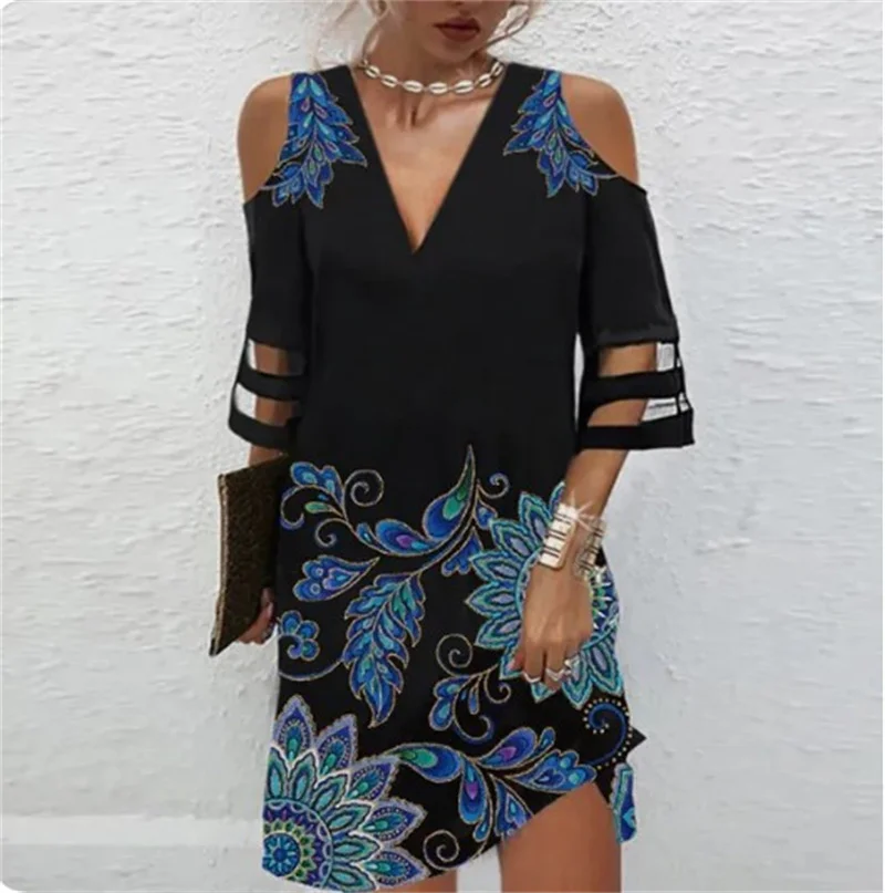 Frauen Weg Von Der Schulter Kleider Mesh Spleißen Halbe Hülse V-ausschnitt Pullover Kleid Eleganten Druck Weibliche Büro Pendler Kleid