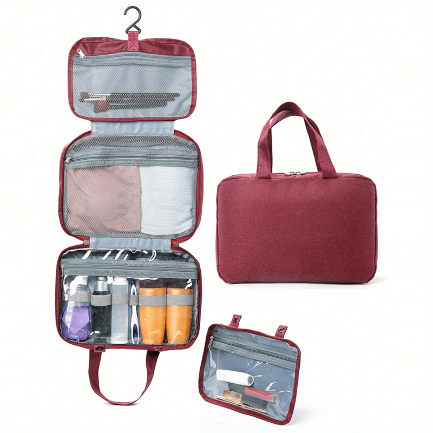 Neceser plegable impermeable para viaje con separación húmeda y seca, bolsa de cosméticos, bolsa de viaje multifuncional de gran capacidad: Borgoña