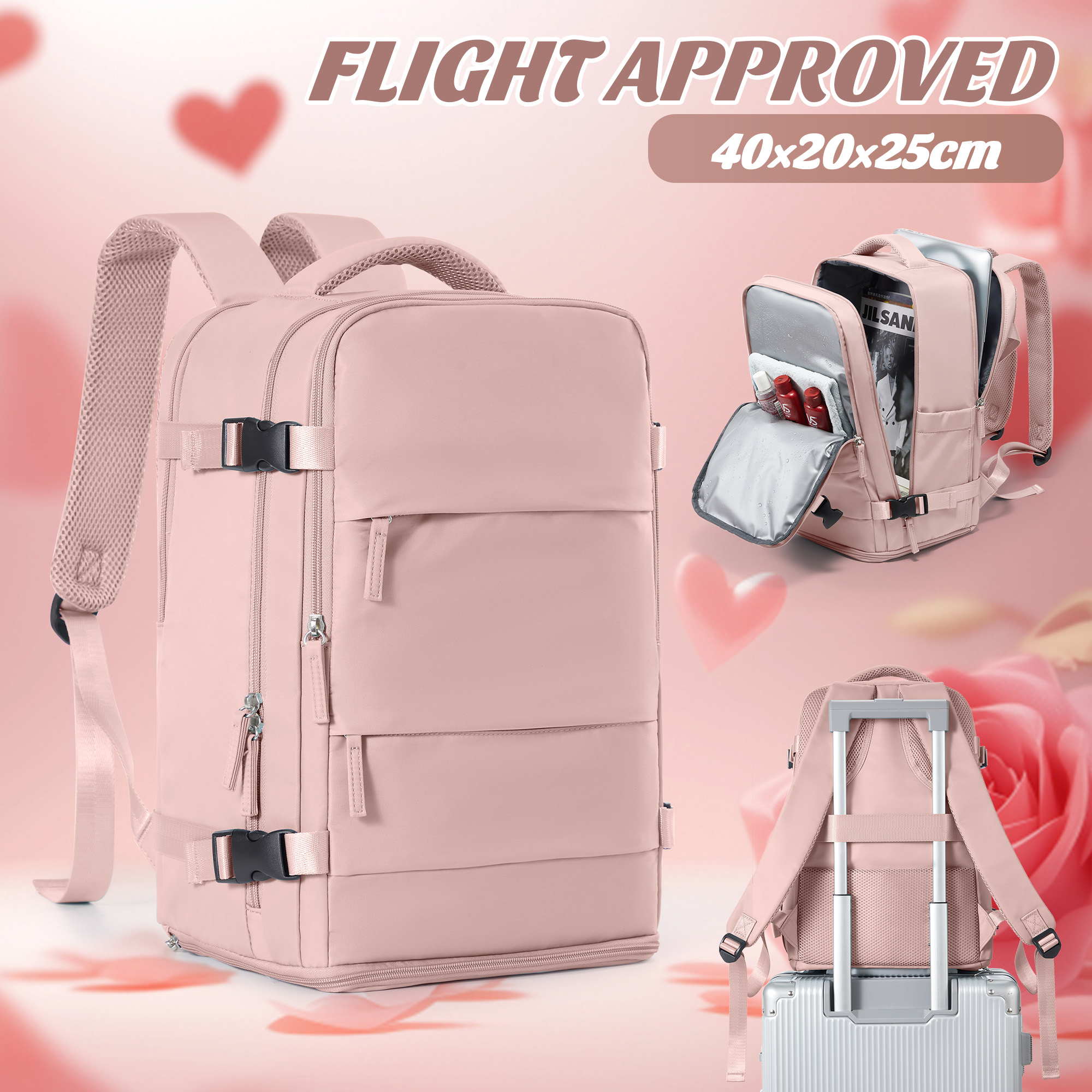Backpack Travel Cabin Airplane 40x20x25 Ryanair Travel Backpack Suitcase Hand Luggage Backpack Men's Women's Clothing Rucksack: Pink