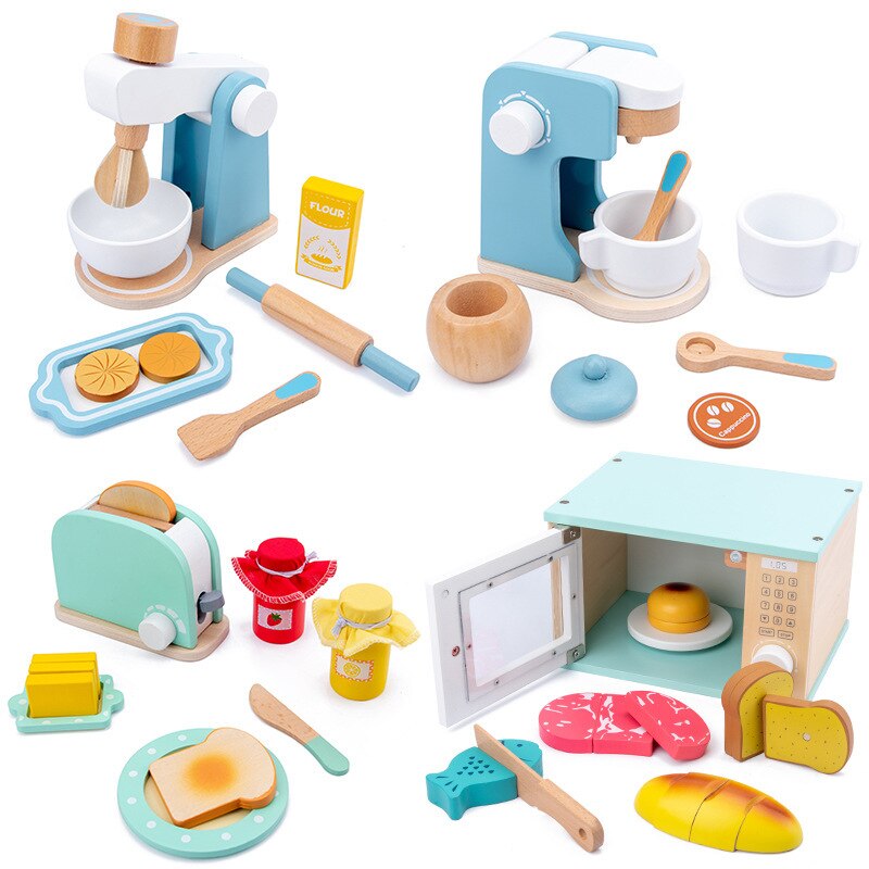 Kids Wooden Pretend Play Sets Pretend Toasters Bread Maker coffee machine game children's toy mixer Kitchen Educational toy