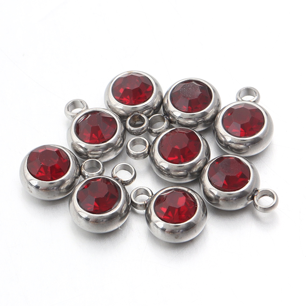 10pcs/lot Stainless Steel Birthstone Pendant 6mm Flat Round Rhinestone Charms Pendant For DIY Jewelry Making Necklace Bracelet: Titanium Plated