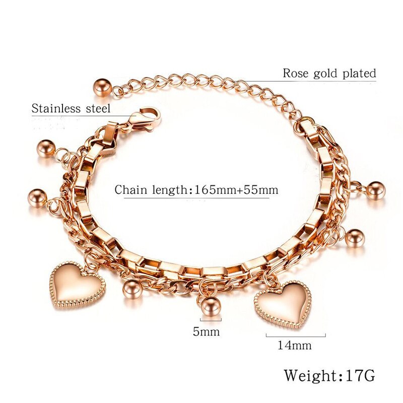 ZORCVENS Gold Silver Color Stainless Steel Bracelets for Women Multi-layer Stylish Heart Charm Wedding Bracelets