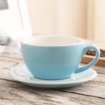 Taza de café artística Latte de boca ancha Macaron de 300ml con platillo, juego de tazas de café de cerámica esmaltada de colores gruesos europeos,: 02